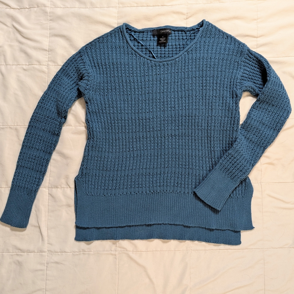 Calvin Klein Jeans Teal Textured Knit Sweater Fitted Cotton Blend